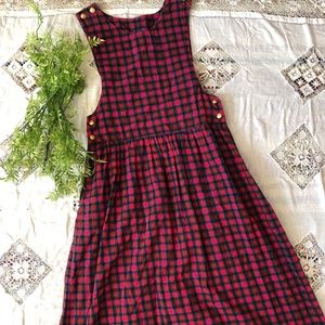 Vtg 80's 90's S Plaid Jumper Dress Red Blue Gold Buttons Long Sleeveless Grunge